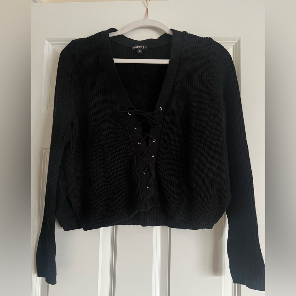 Express Black V-Neck Lace-Up Sweater